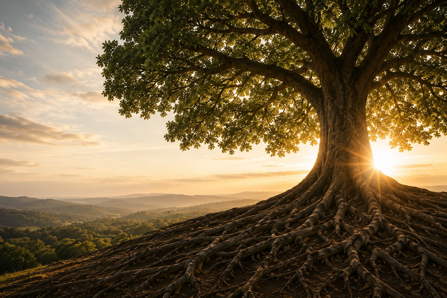 Ancient tree at sunrise with roots spreading across a valley